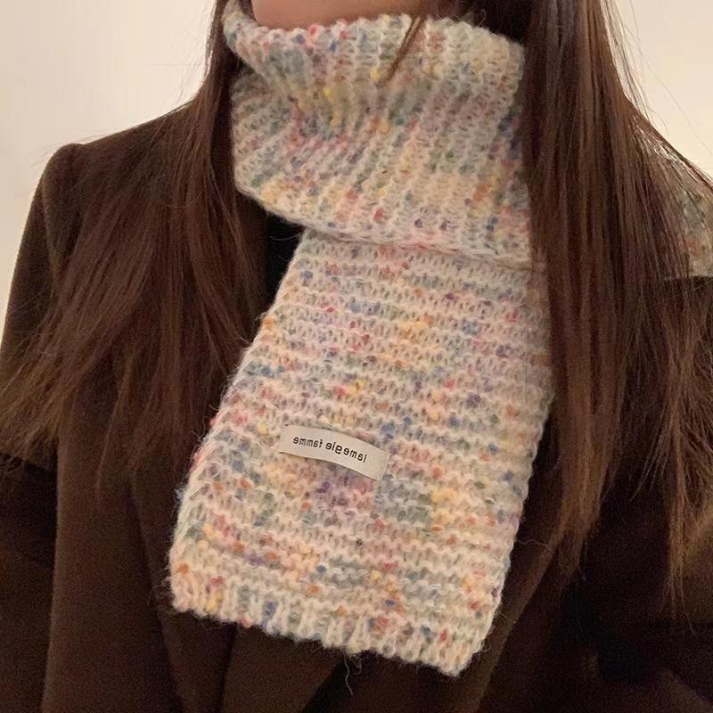 Korean Style Woolen Scarf for Women New Style Rainbow Jelly Beans Autumn and Winter Student Warm Rainbow Knitted Simple Women's Scarf