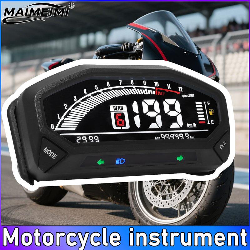 QC Universal Digital Motorcycle Speedometer Tachometer Gauge Digital 12V Odometer Fuel Meter LED Indicator Instrument Speed