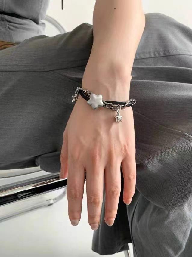 Y2K Silver Color Fat Star Zircon Stars Tassels Black Leather Winding Metal Chain Chokers Necklace Bracelets for Women Jewelry