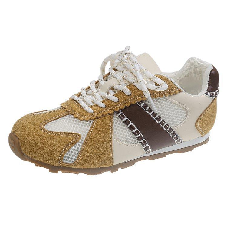 Cowhide version soft leather mesh new round head casual breathable sports shoes inner height increase flat bottom