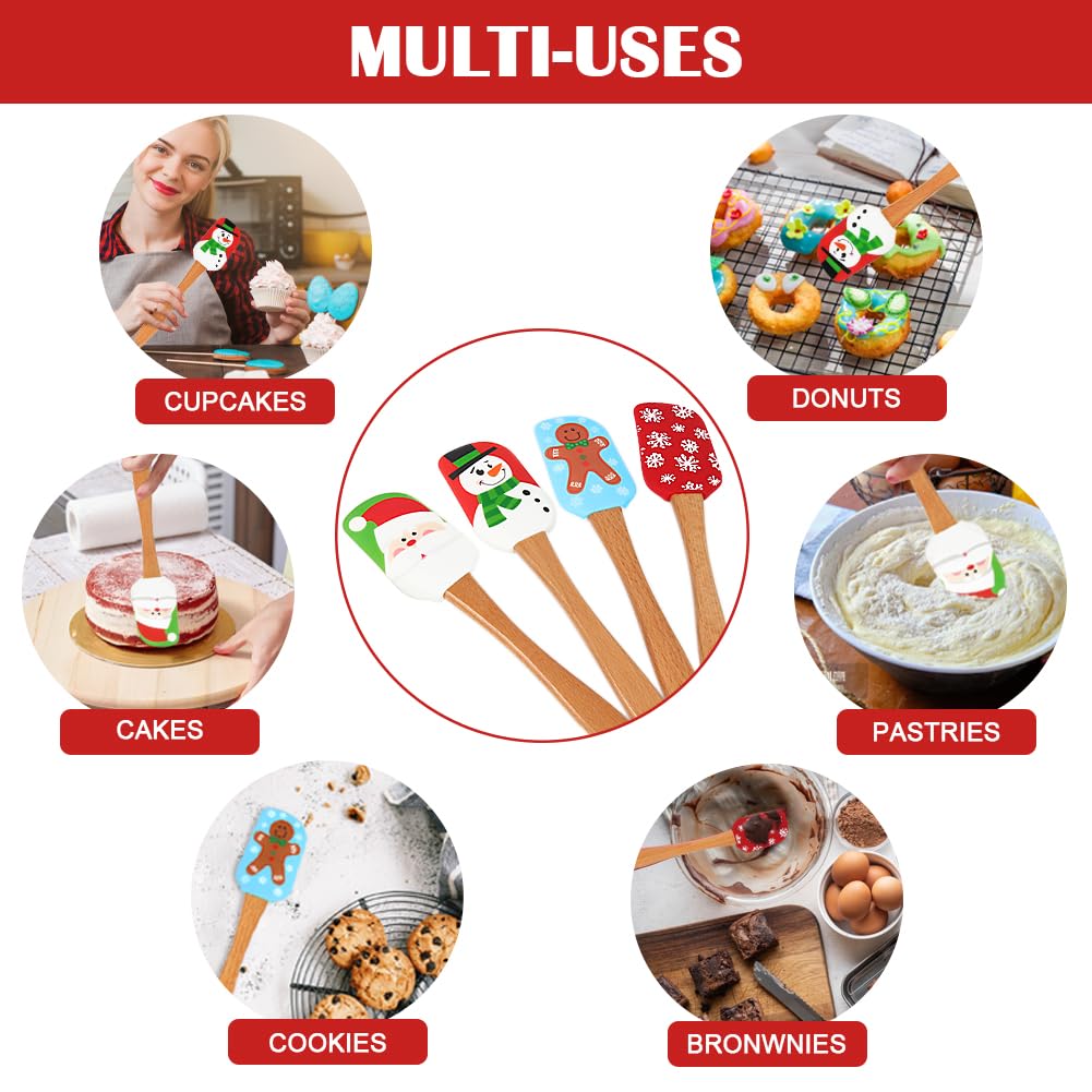 4 Pcs Christmas Silicone Spatula, , Christmas Spatulas with Wooden Handle for Baking, Supplies for Cooking, Gifts and Decoration