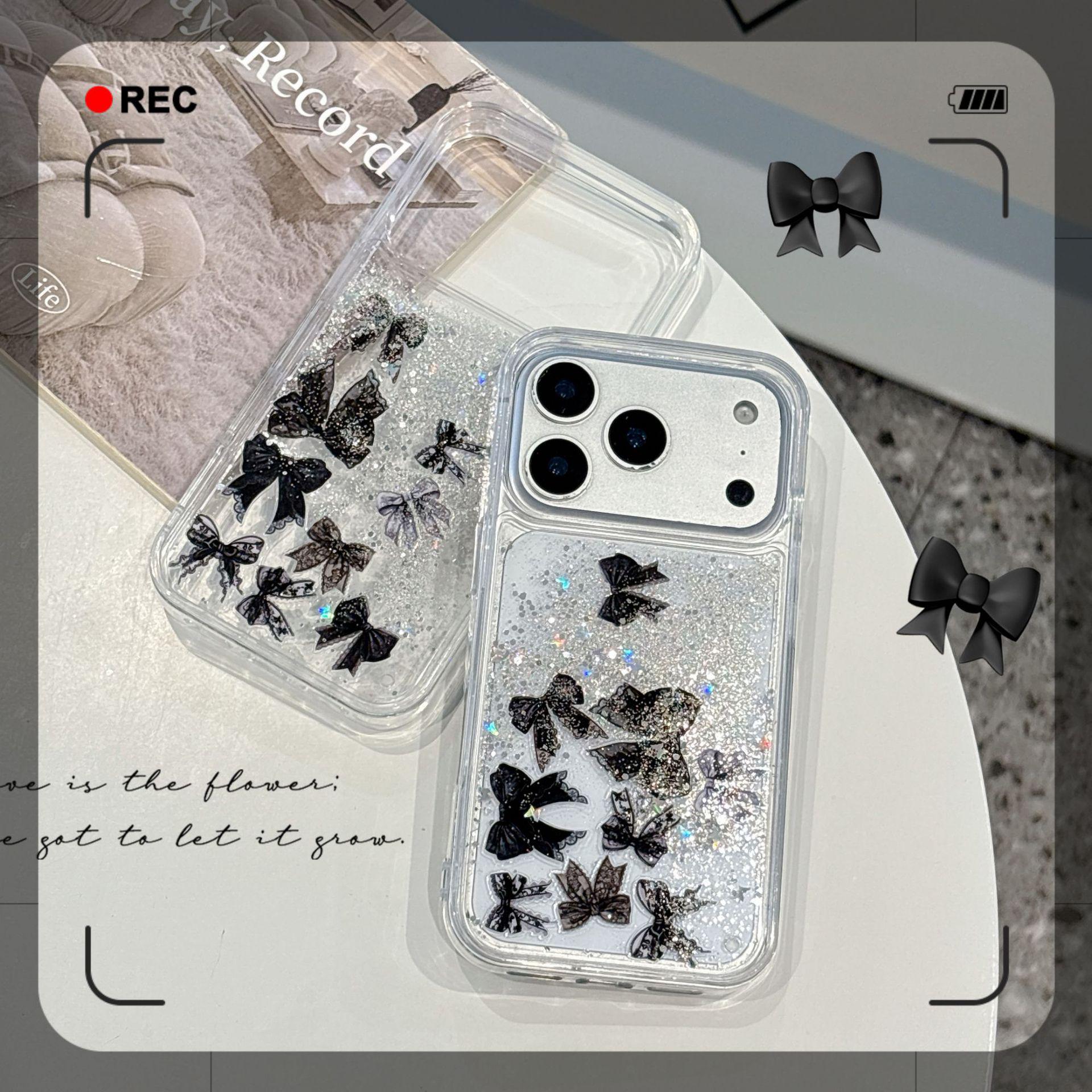 

Black Lace Bow Glitter Flowing Sand Case for iPhone 16 Pro Max/17 Pro Max iPhone 14 Plus
