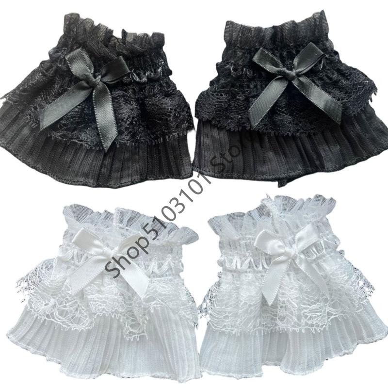 Women Short Arm Sleeves Lace Wrist Cuffs Bracelets Bowknot False Sleeves Black White Gloves Gothic Fingerless Gloves