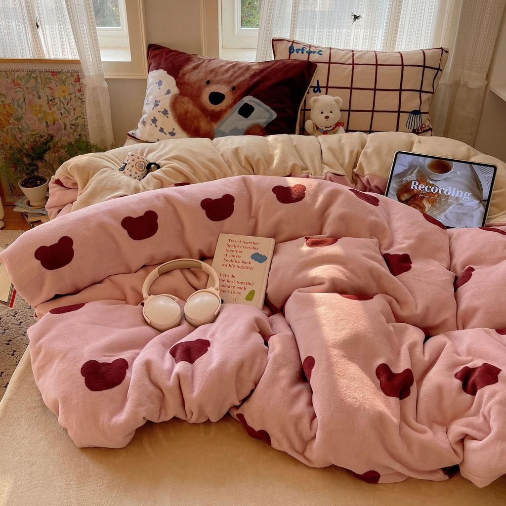 Double-Sided Thickened Milk Fleece Bed Four-Piece Coral Fleece Quilt Cover Fleece Sheet Three-Piece Bedding