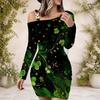 Women Plus Size One Shoulder Long Sleeve Black Green Shamrock Printed Bodycon Mini Dress