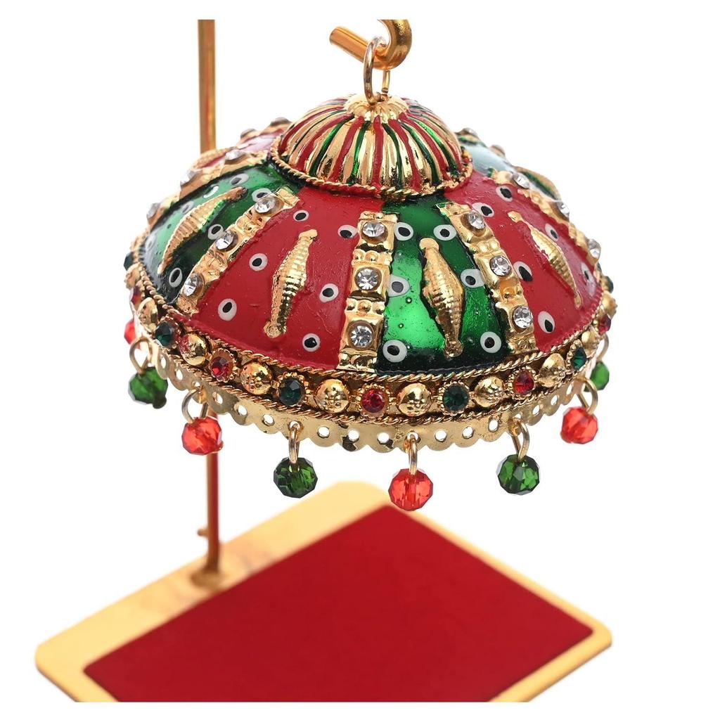 Metal Umbrella Chhatra with Hanging Crystals – Decorative Showpiece for God Idol, Car Dashboard, Office Table & Home Decor