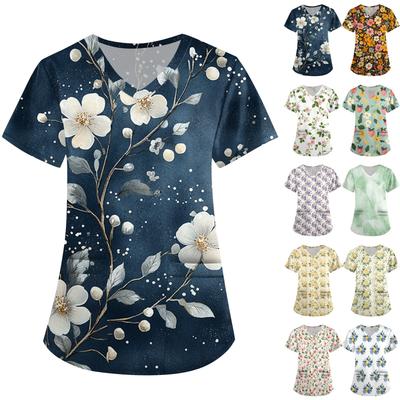 Süße bedruckte Arbeitskleidung für Damen, V-Ausschnitt, doppellagige Taschen, Basic, kurzärmeliges Oberteil, Pullover, Valentinstag