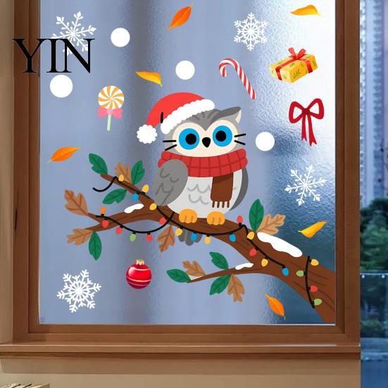 Festive Home Beautification Supplies Cute Christmas Owl Window Sticker, Snowy Branch Candy Glass Decal, Waterproof Self Adhesive Seasonal Wall