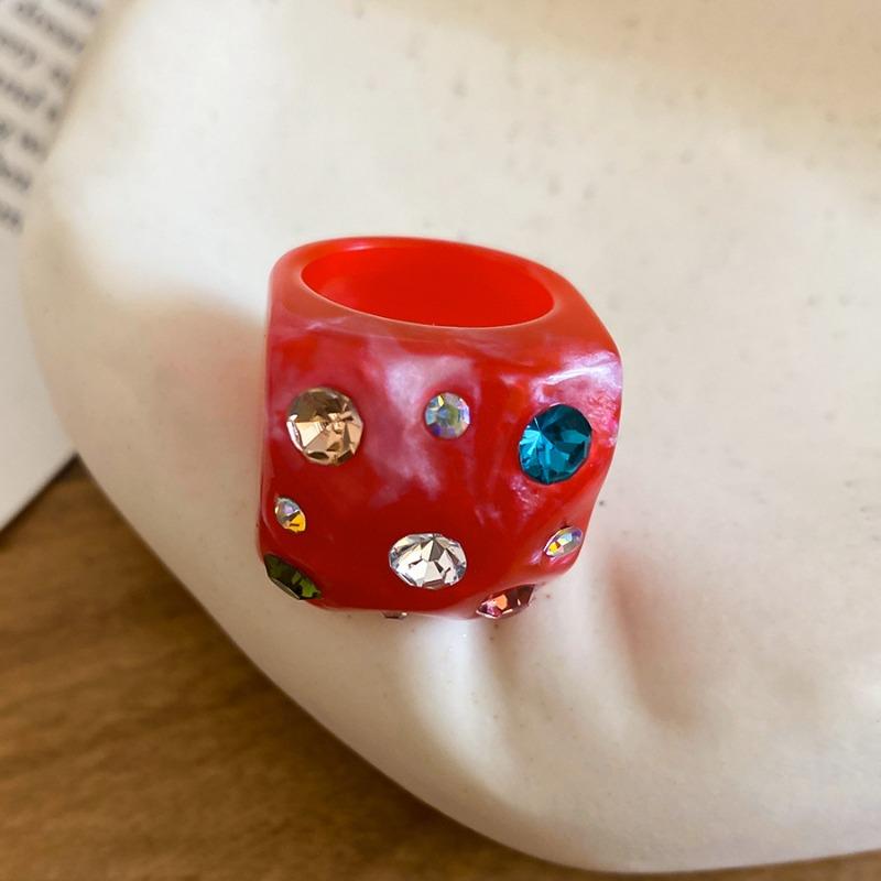 Creative Chunky Round Geometric Resin Ring For Women Multicolor Rhinestone Casual Party Fashion Accessories Wholesale Gift
