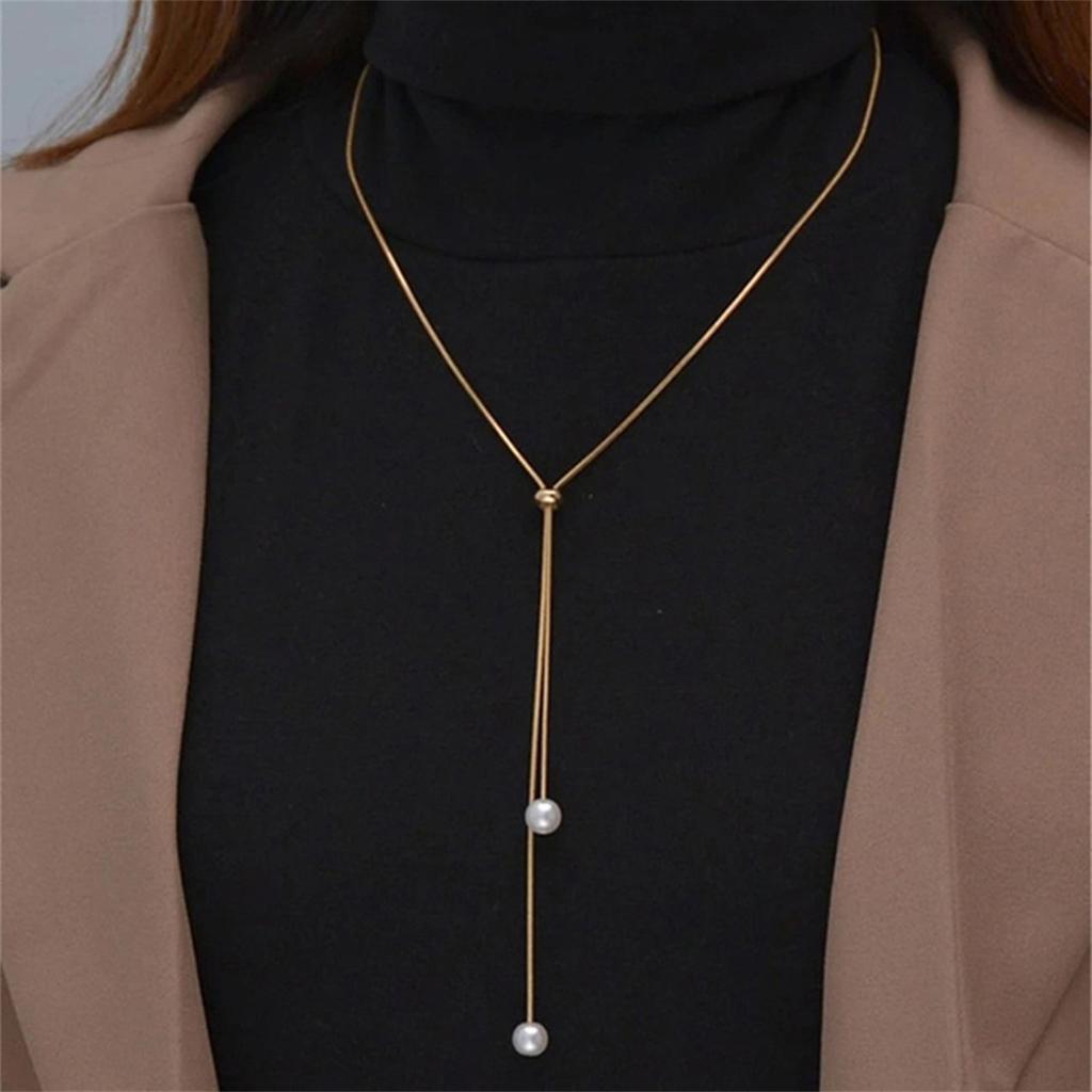 Adjustable Chain Necklace with Simple Faux Pearl Pendant Female Long Sweater Fashion Jewelry Gift Ornament