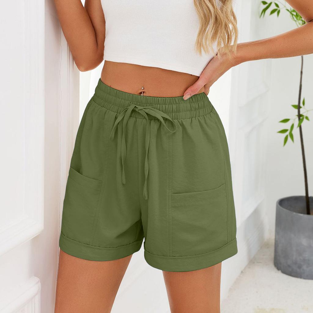 Women's Casual Fashion -Color Elastic Waistband Pocketed Wide-Leg Straight-Cut Shorts