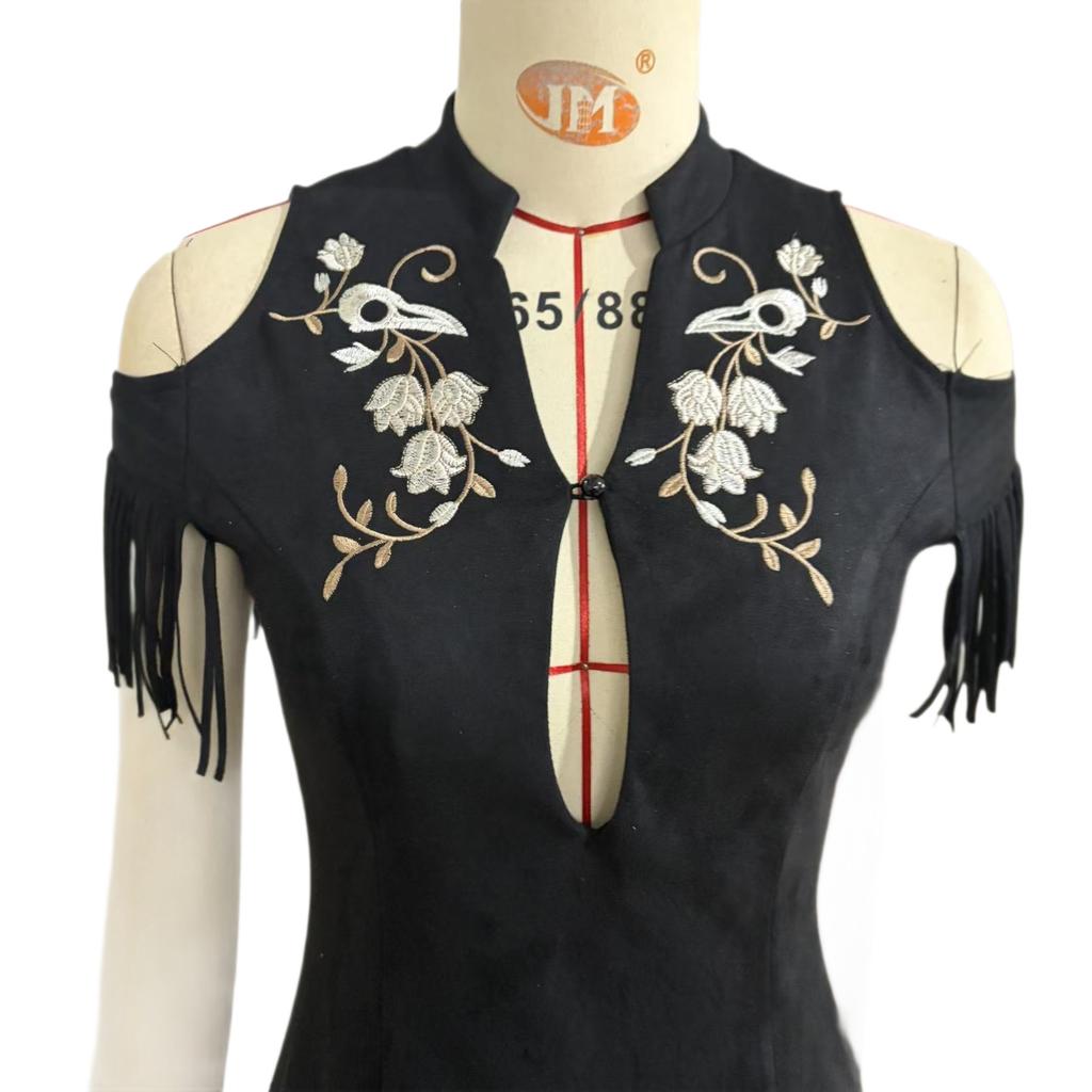 2026 new European and American style black embroidered fringed hip dress slim and thin dress skirt off-the-shoulder fringed skirt