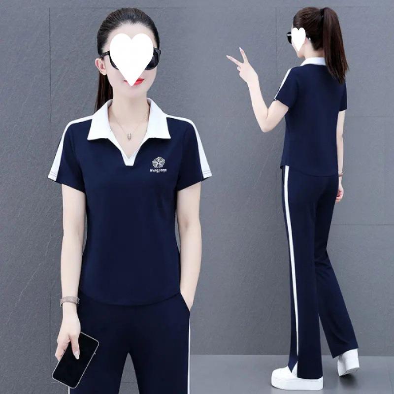 Casual Sportswear Suit for Women, Summer Style, Age-reducing Short-sleeved Sweatshirt, Straight Pants Two-piece Set