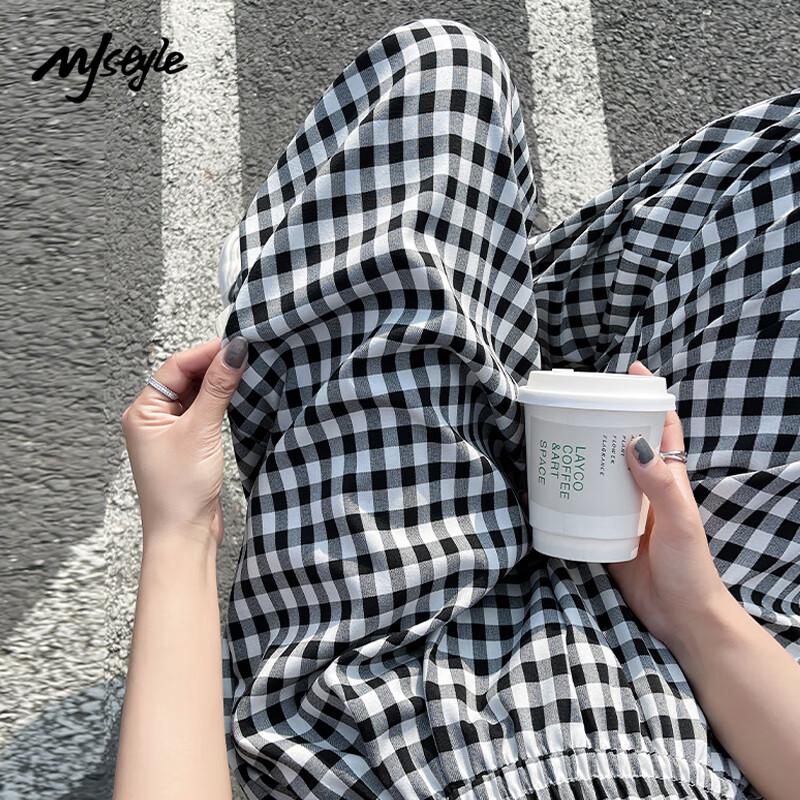 MJ STYLE Women's 2025 New Summer High-Waist Plaid Wide-Leg Casual Pants