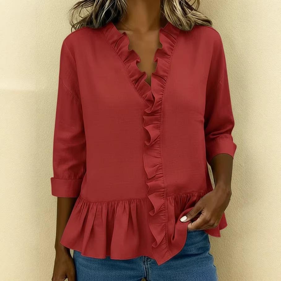 ebay spring and summer European and American new long-sleeved ruffle shirt women's shirt