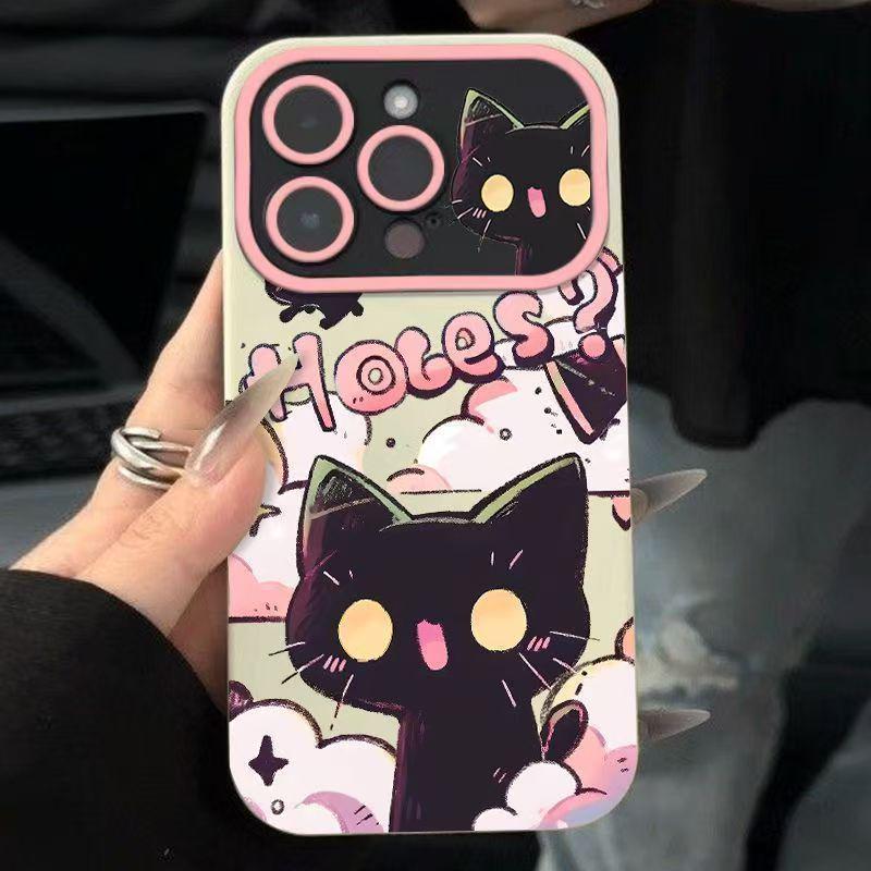 Cartoon Black Cat 17 Pro Max Apple Phone Case: Soft, Full Coverage, Large Window Design for Models 15, 16, and 14.