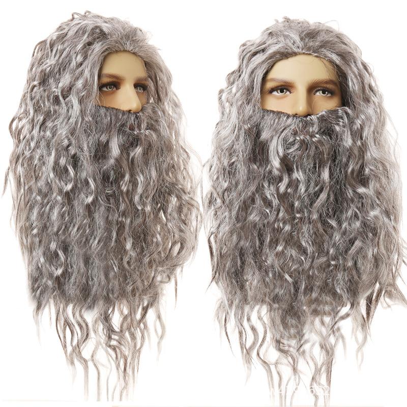 Christmas Performance Wig Jesus Magician Wizard Cosplay Wig Men's Halloween Party Stage Wig 