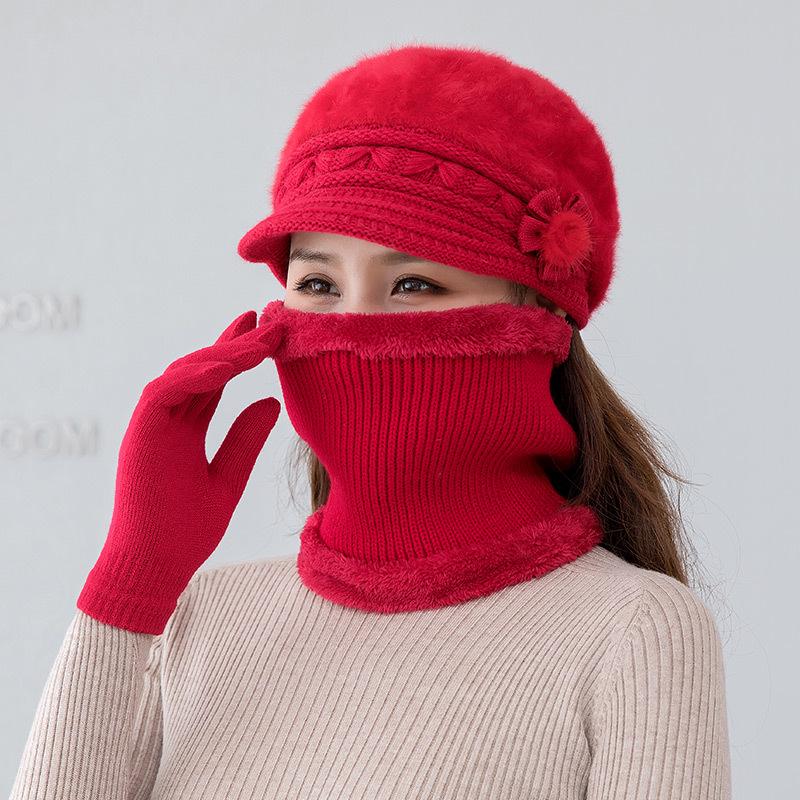 Women's Winter Rabbit Hair Knitted Hat, Snood, and Gloves Set - Fleece-Lined, Cold-Proof, Warm Wool for Middle-Aged and Elderly Moms