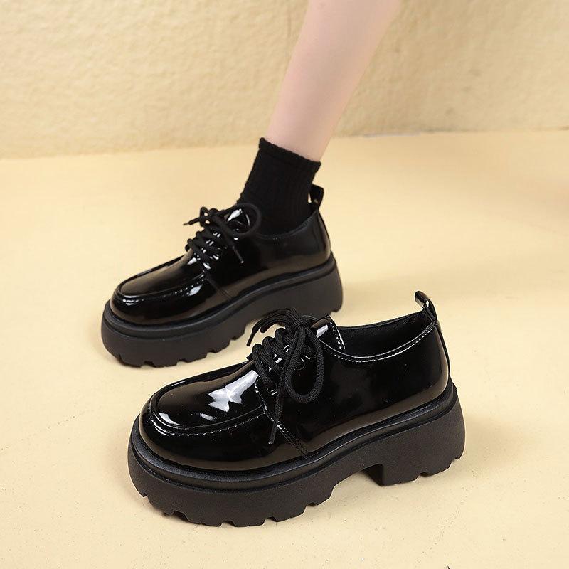 Platform small leather shoes women's autumn new retro British style heightened black college style lace-up