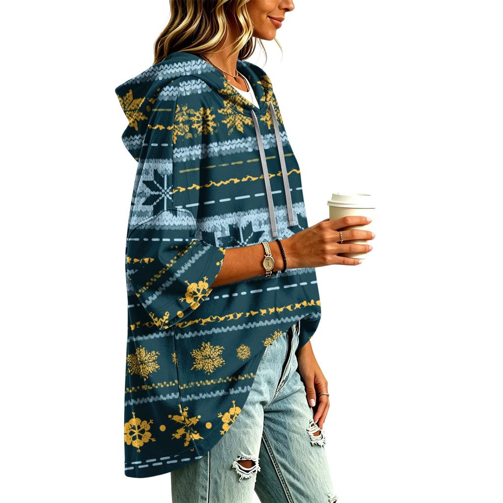 Women's Fashion Christmas Print Hooded Pullover Top, 3/4 Sleeve Casual Tunic