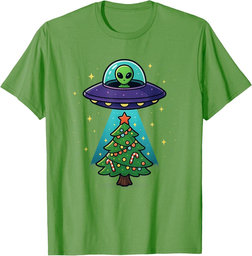 Alien UFO Abduction Christmas Tree Graphic Tee Funny Holiday Casual Cotton T-Shirt