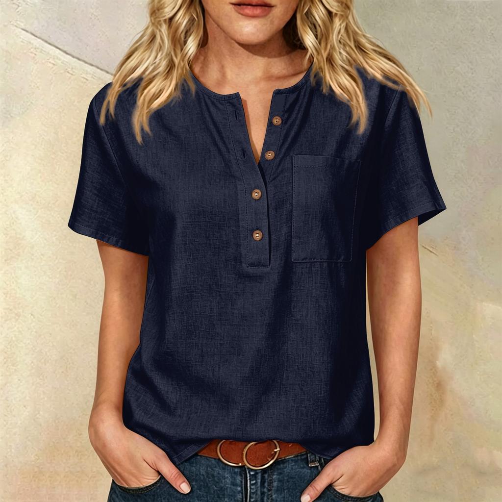 Women Henley Button Neck Short Sleeve Cotton Linen Shirt with Chest Pocket Relaxed Fit Casual Top for Everyday Wear