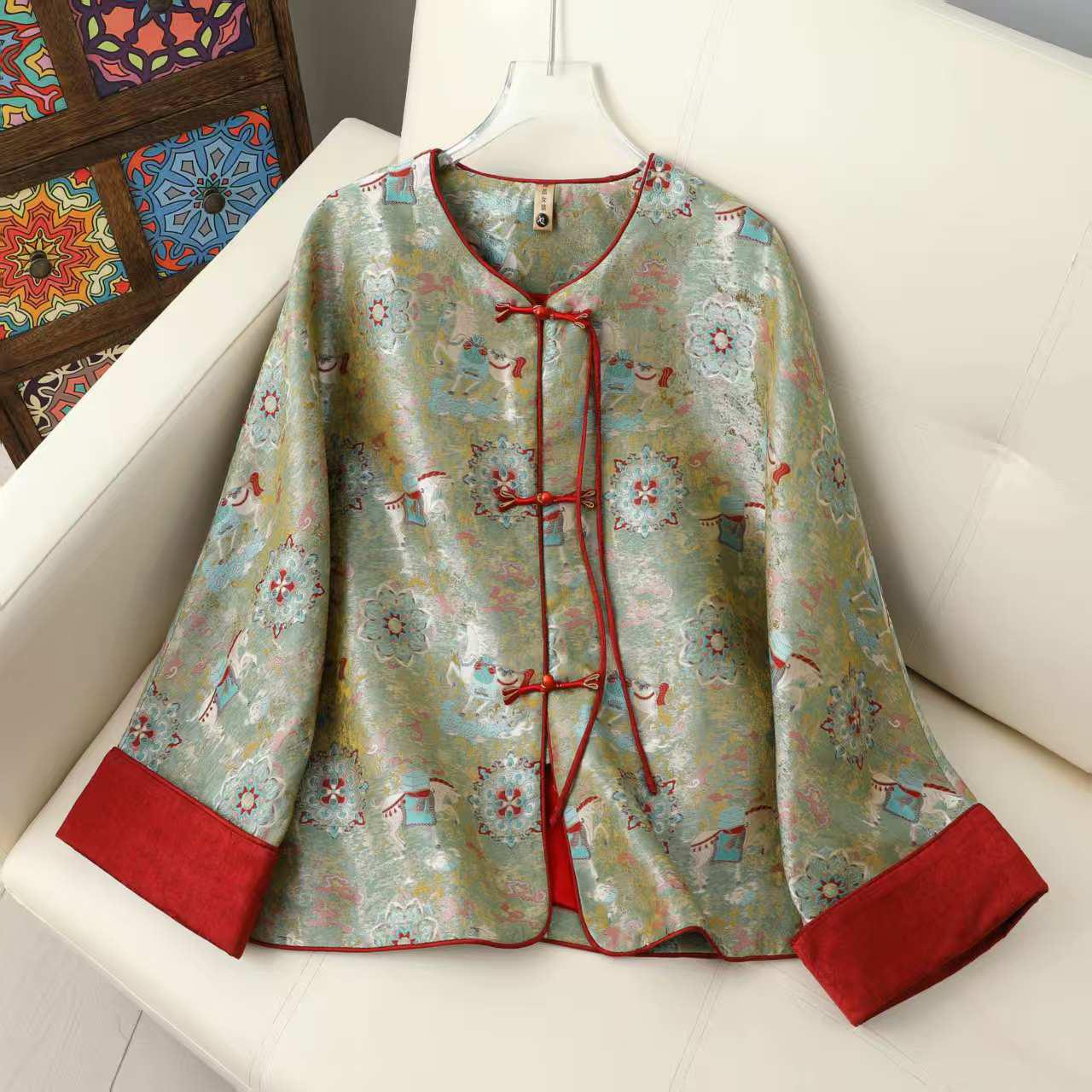 Spring/Autumn Retro Chinese Style Green Horse Cardigan - Women s Top 2XL