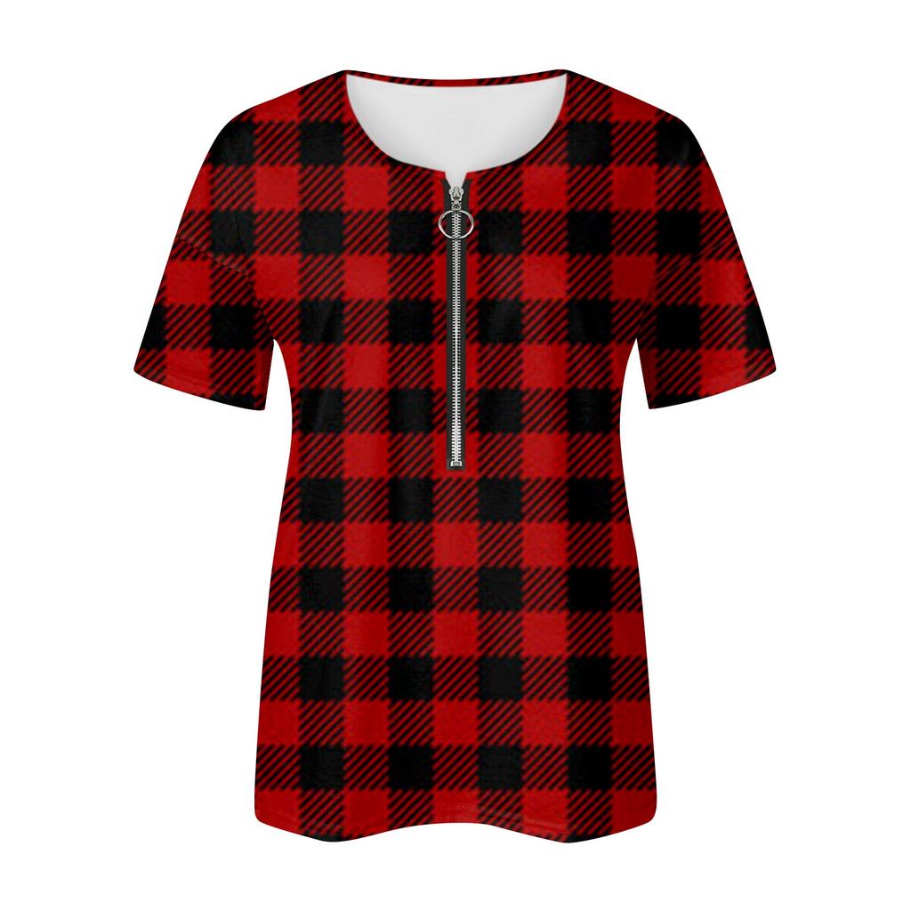 Women's Summer Temperament Palid Printed V-Neck Zip Short Sleeve T-shirt Top