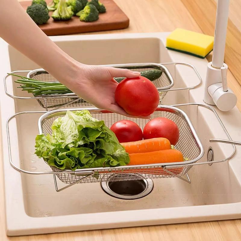 Cesta de Drenagem em Aço Inoxidável Pia de Cozinha Retrátil Bacia para Lavar Vegetais Escorredor de Louça Escorredor de Talheres