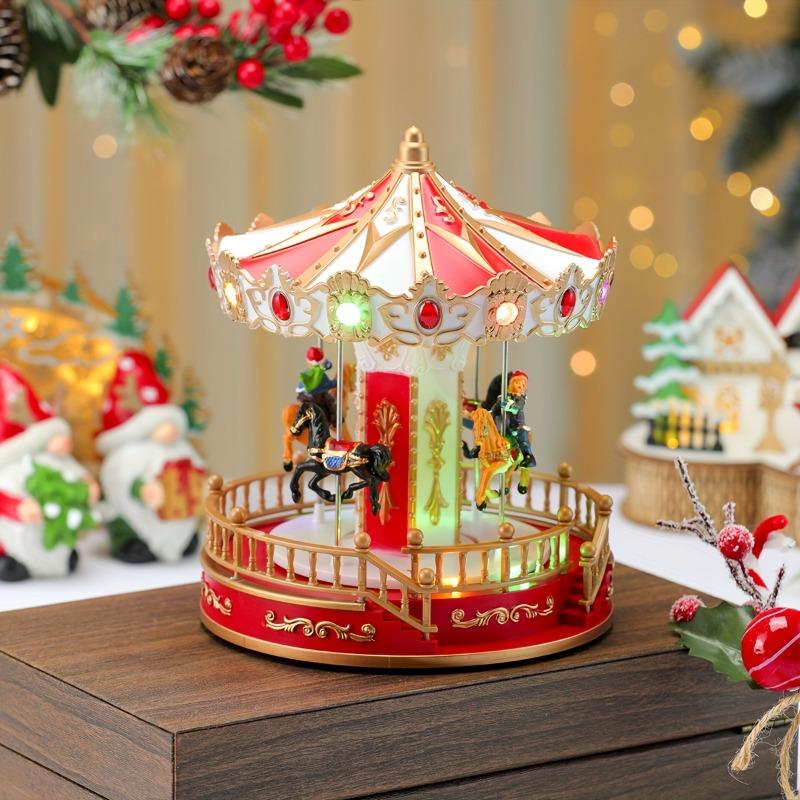 Christmas Carousel Music Box Ornaments Decor Rotating Carousel Lights Electric with Usb or Battery Xmas Music Box for Kids Gift