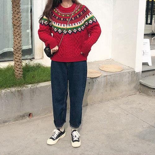 Maglione a trecce da donna Fair Isle Fiocco di neve Rosso Design Natalizio Senso di Design Nicchia Stile Pigro Stile Etnico Maglione a Maglia