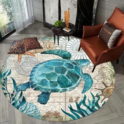 Vintage Map & Turtle Round Rug, Non-Slip Washable Floor Mat for Living Room, Bedroom, Entryway & More, Retro Style Home Decor