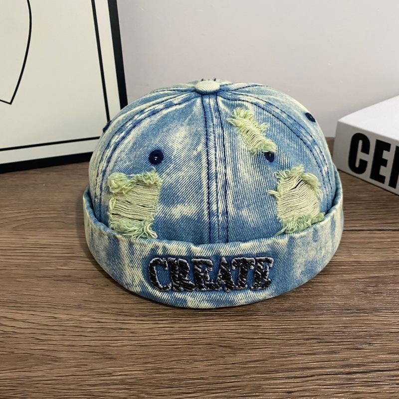 Japanese style ripped denim melon skin hat for men and women k-styleeasiest for matchretro patch stylishletter hat trendy brand landlord hat