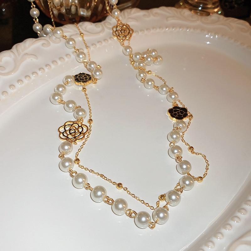 Baroque Diamond Flower Layer Pearl Beaded Necklace French Elegant Temperament Sweater Chain Neck Chain Women
