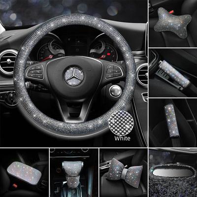 Set di Accessori per Auto con Diamanti: Coprispalla per cintura di sicurezza, Copertura per specchietto retrovisore, Poggiatesta e Supporto lombare