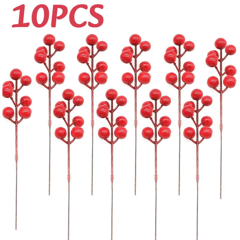 10PC Christmas Artificial Berries Branches Decor Xmas Red Berry Flowers Bouquet DIY Holiday Wreath Craft Home Party Ornament