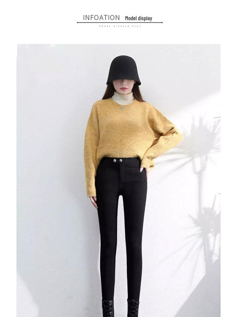 Damen Schwarz Plus Samt Lammwolle Baumwolle Leggings - Dicke, Warme Hose für Herbst/Winter 2025