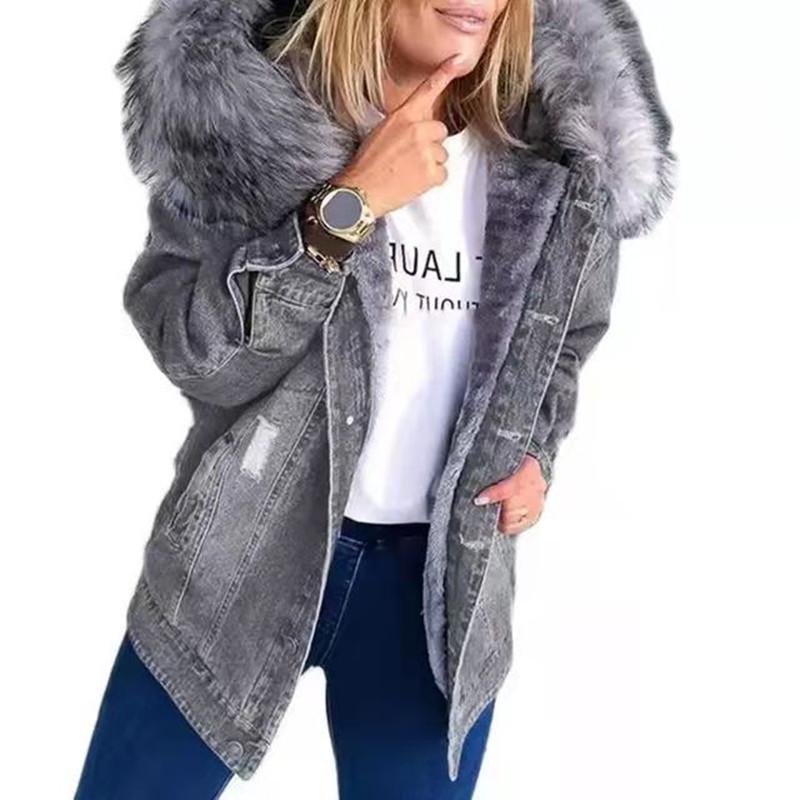 Giacca di jeans strappata foderata in pile da donna - Collezione Autunno/Inverno 2024, Stile Europeo & Americano