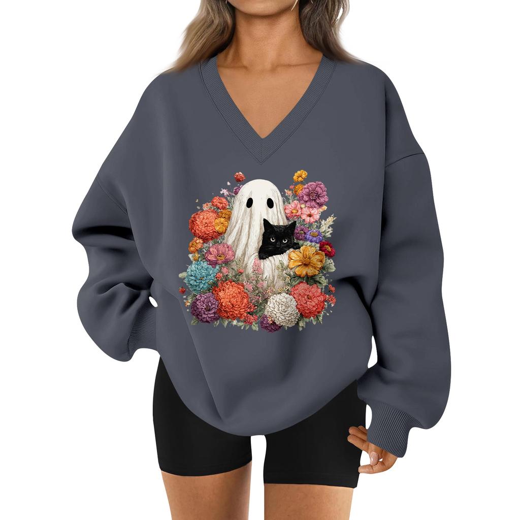 Women's V-neck Dropped Shoulder Halloween Print Sports Sweatshirt Top