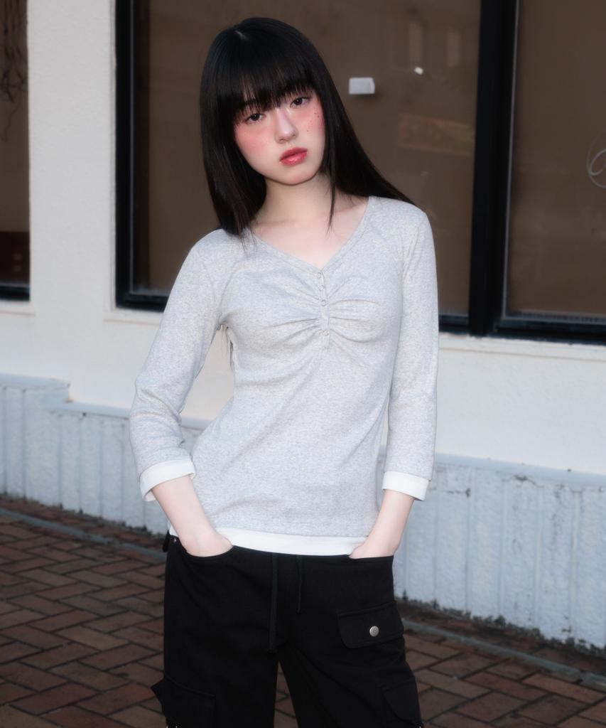 ROSEFRANTZ Shirring Button Layered Long Sleeve [White Melange]