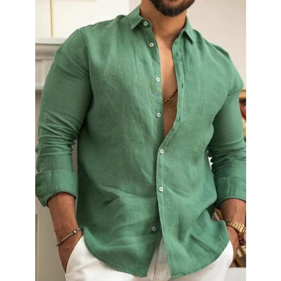 Camicia da Uomo a Maniche Lunghe Primavera Autunno Moda Colore Unico Collo a Revers Tasca Bottoni Top