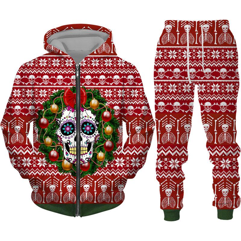 Moda Crăciun Craniu Imprimare Hanorace/Pantaloni/Set pentru bărbați cu fermoar Model de tip boutique Jachetă subțire cu glugă Costum cuplu Îmbrăcăminte de stradă