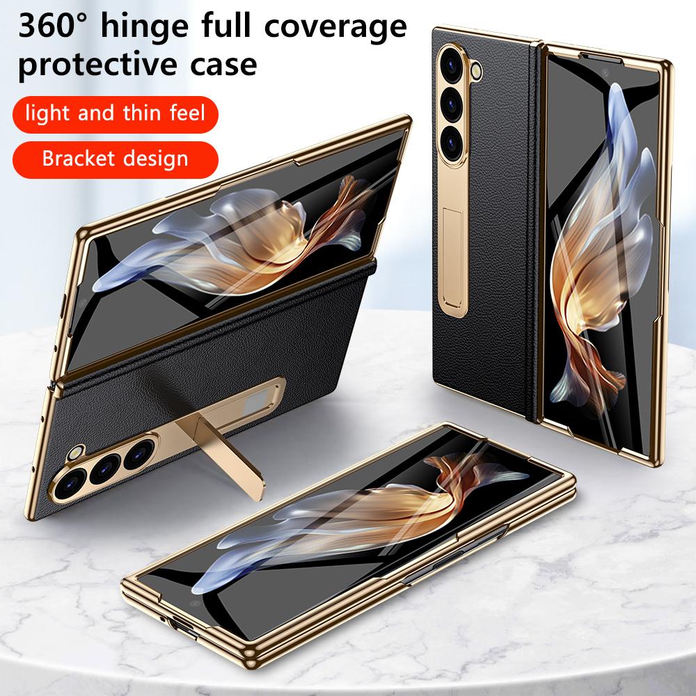 Husă de telefon din piele pentru Samsung Galaxy Z Fold 6 5 4 3 Fold6 Fold5 placată cu aur, cu balamale magnetice și suport pentru spate cu film oglindă