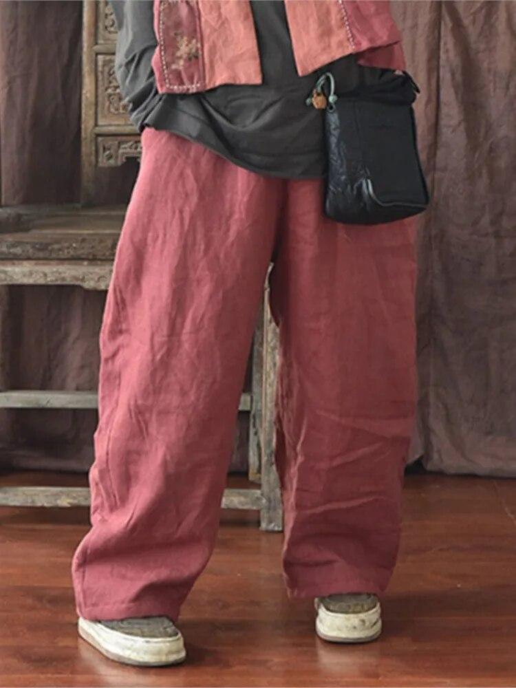 

Женские свободные брюки Johnature, однотонные свободные винтажные брюки, зимние широкие брюки One Size темно-красного