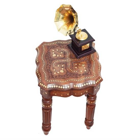 Wood Brass Carving Square Beautiful Carving Design Side Table Coffee, Corner, Outdoor Table Living Room Furniture 30.48 Cm