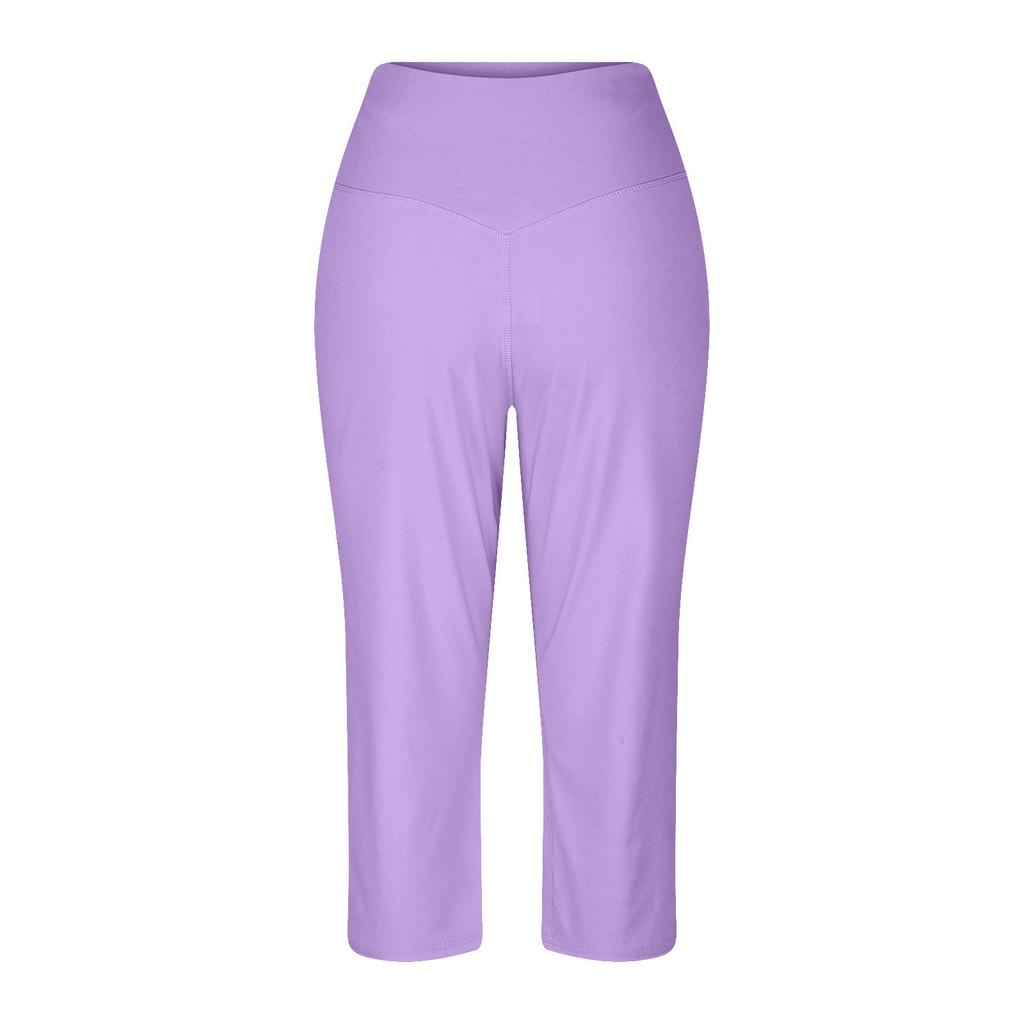 Women  Elastic High Waist 3/4 Pant Casual Active  Fit Wide Capris Leg Pants Trousers With Pockets