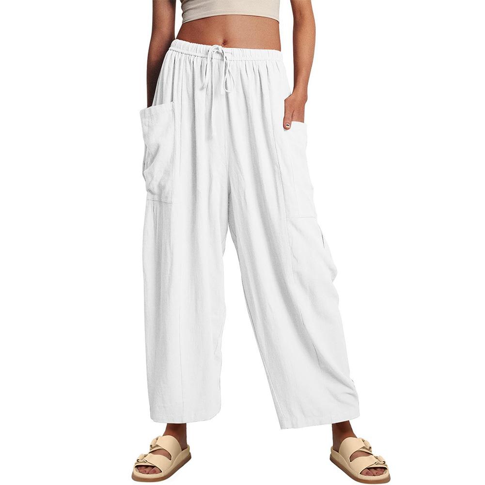 Women s Linen Pants Casual Drawstring Waist Trousers Loose Wide Leg Hippie Pants With Pockets S белый