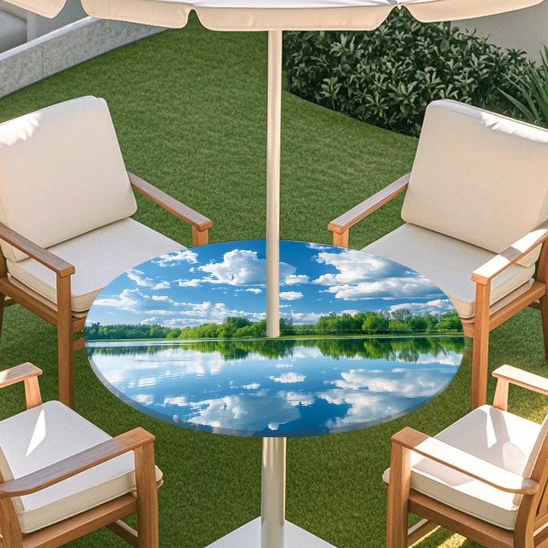 Outdoor Round Table Cover With Nature Print Waterproof Elastic Hem Patio Garden Deck