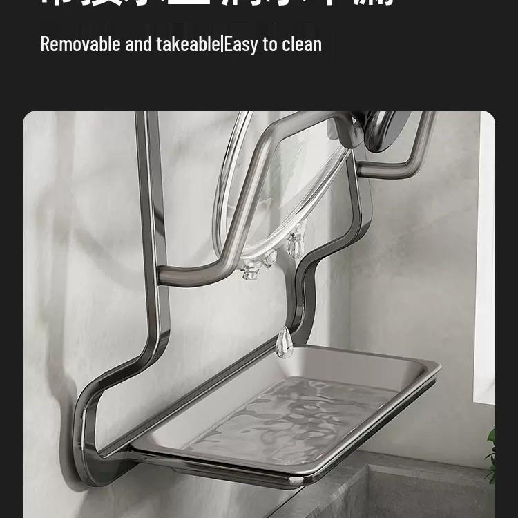 Rostfri väggmonterad grytlock- och skärbrädeorganisatör med vattenuppsamlingslåda