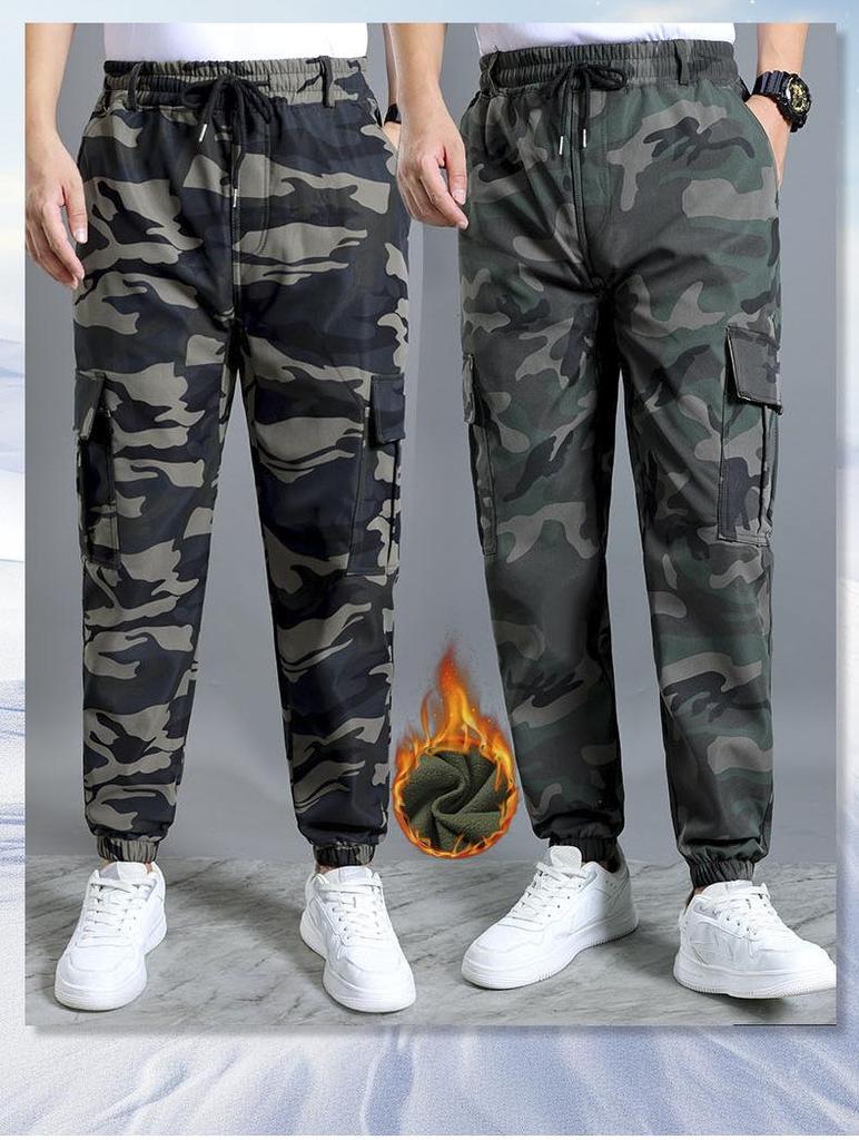 Męskie Grube Odporne na Ścieranie Spodnie Robocze w Kamuflażu - Casualowe i Luźne, z Dodatkiem Weluru na Zimę